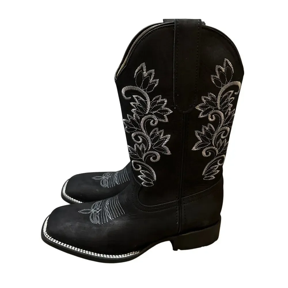Stephy Women's Embroidered Crazy Black Square Toe Boot Size 7.5 New No Box
